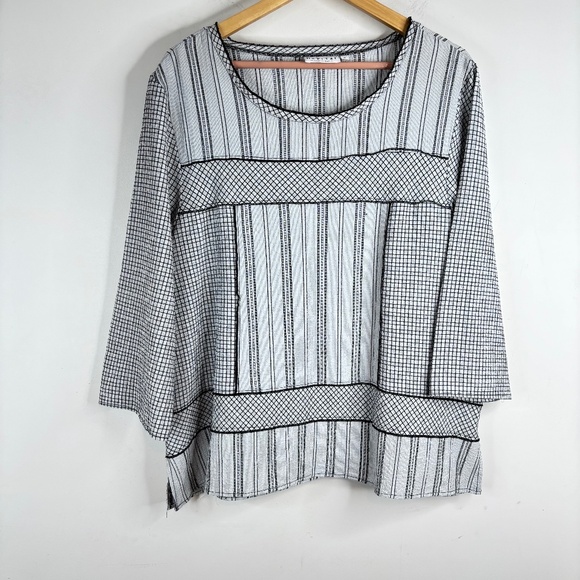 Habitat Boxy Tunic M 3/4 Sleeve Boho Lagenlook Mixed Print Black White Artsy - Picture 1 of 10